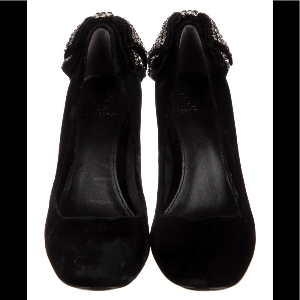 Tory Burch Black Velvet Heels with Crystal Bows - Picture 10 of 12